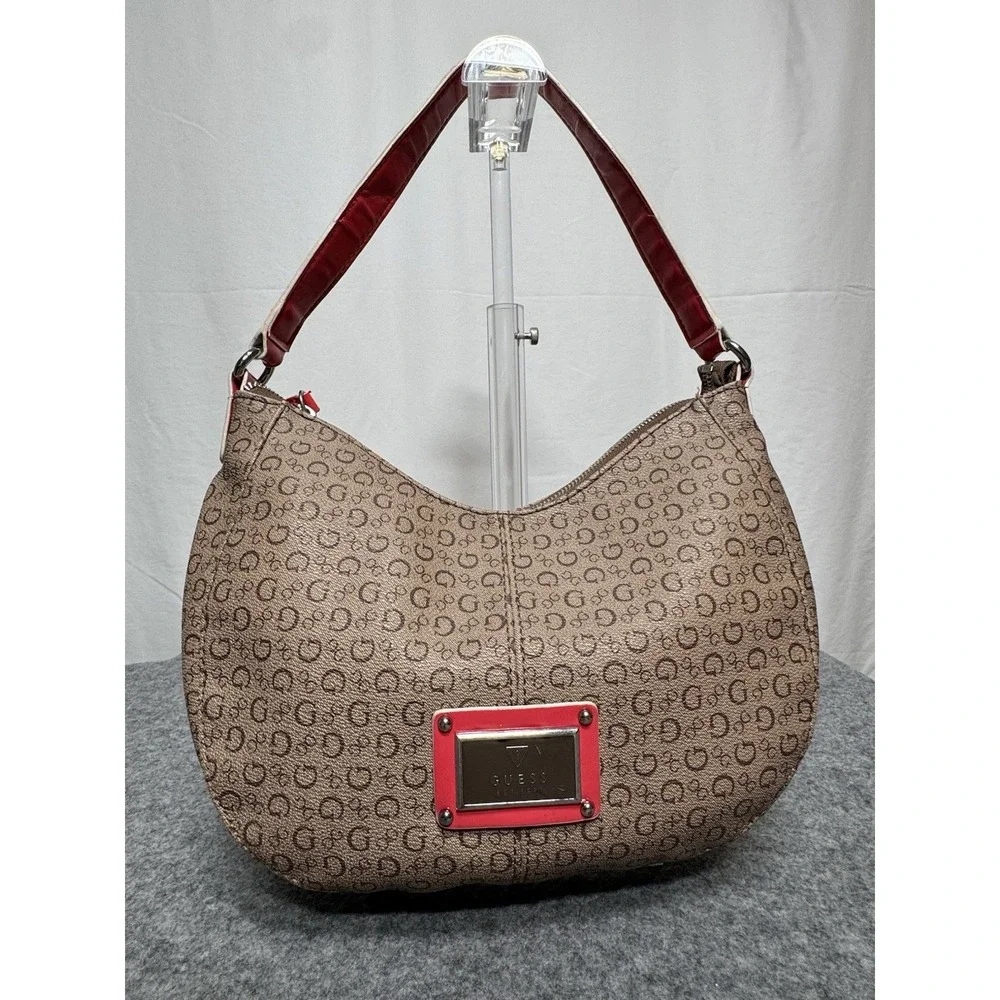 GUESS Beige Brown Logo Hobo Shoulder Bag Purse Coral Color Faux Leather Strap‎